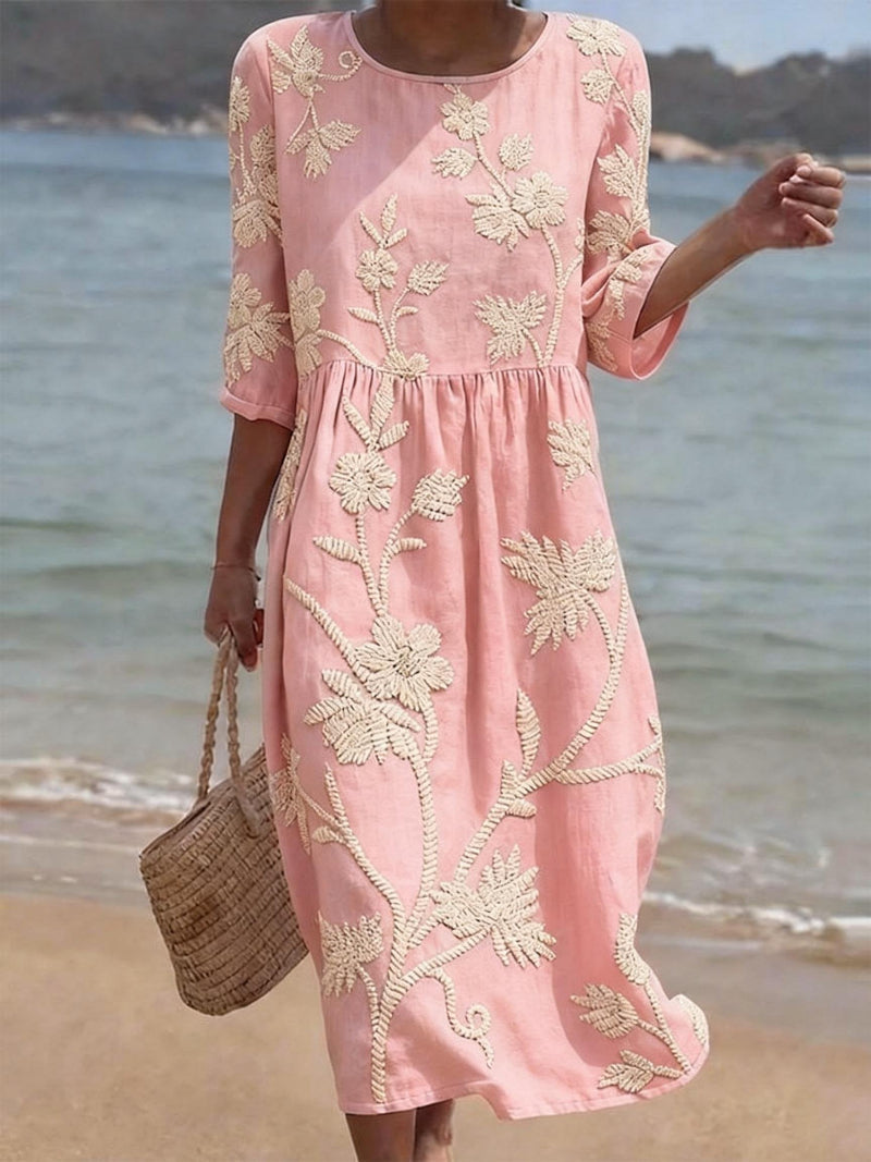 Women's Embroidered Floral Round Neck Midi Dress