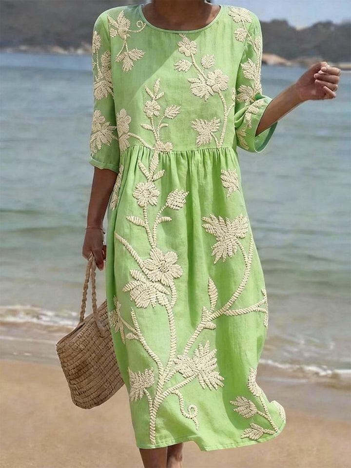 Women's Embroidered Floral Round Neck Midi Dress