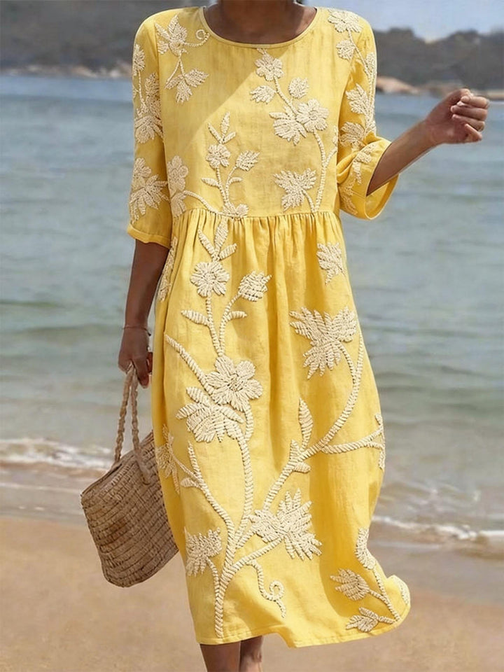 Women's Embroidered Floral Round Neck Midi Dress