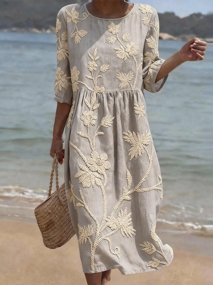 Women's Embroidered Floral Round Neck Midi Dress