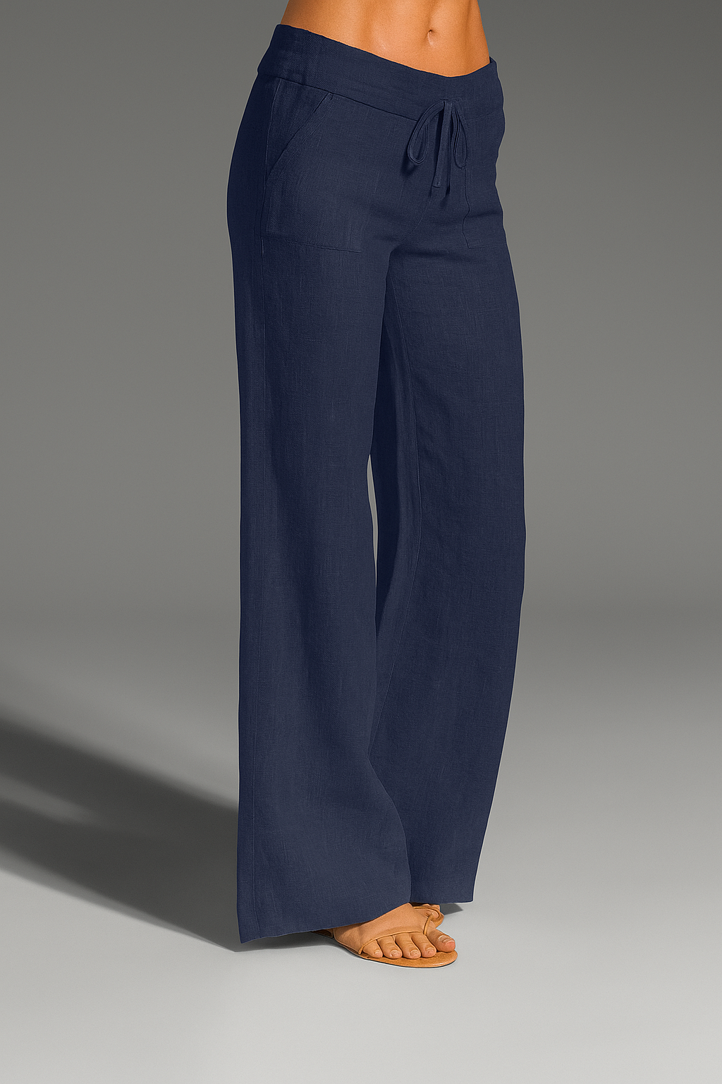 Women's Linen Wide-Leg Pants with Drawstring Tie