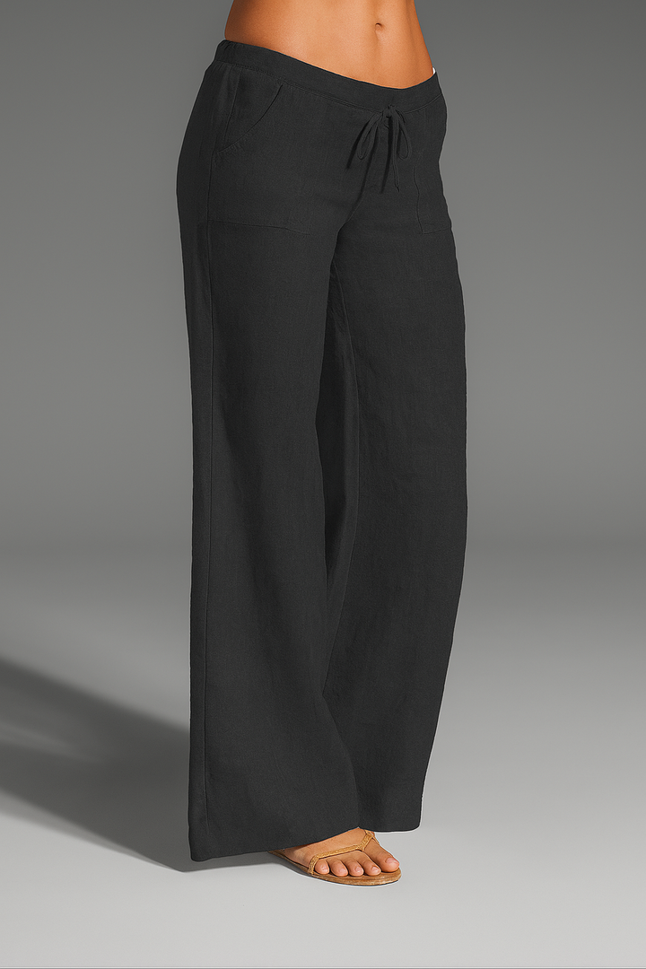 Women's Linen Wide-Leg Pants with Drawstring Tie