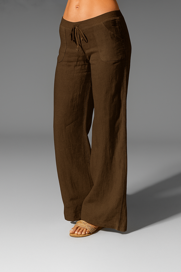 Women's Linen Wide-Leg Pants with Drawstring Tie