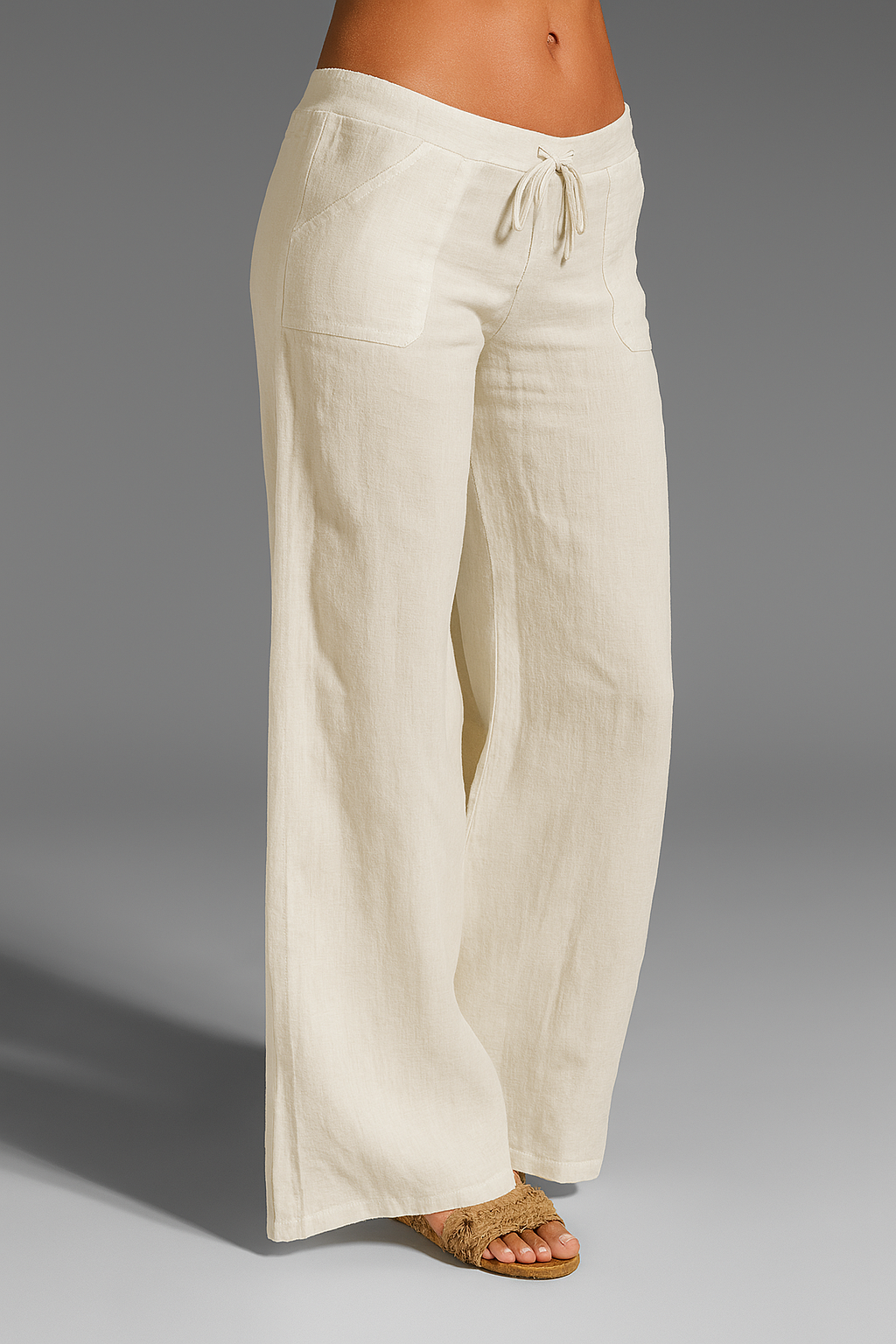 Women's Linen Wide-Leg Pants with Drawstring Tie