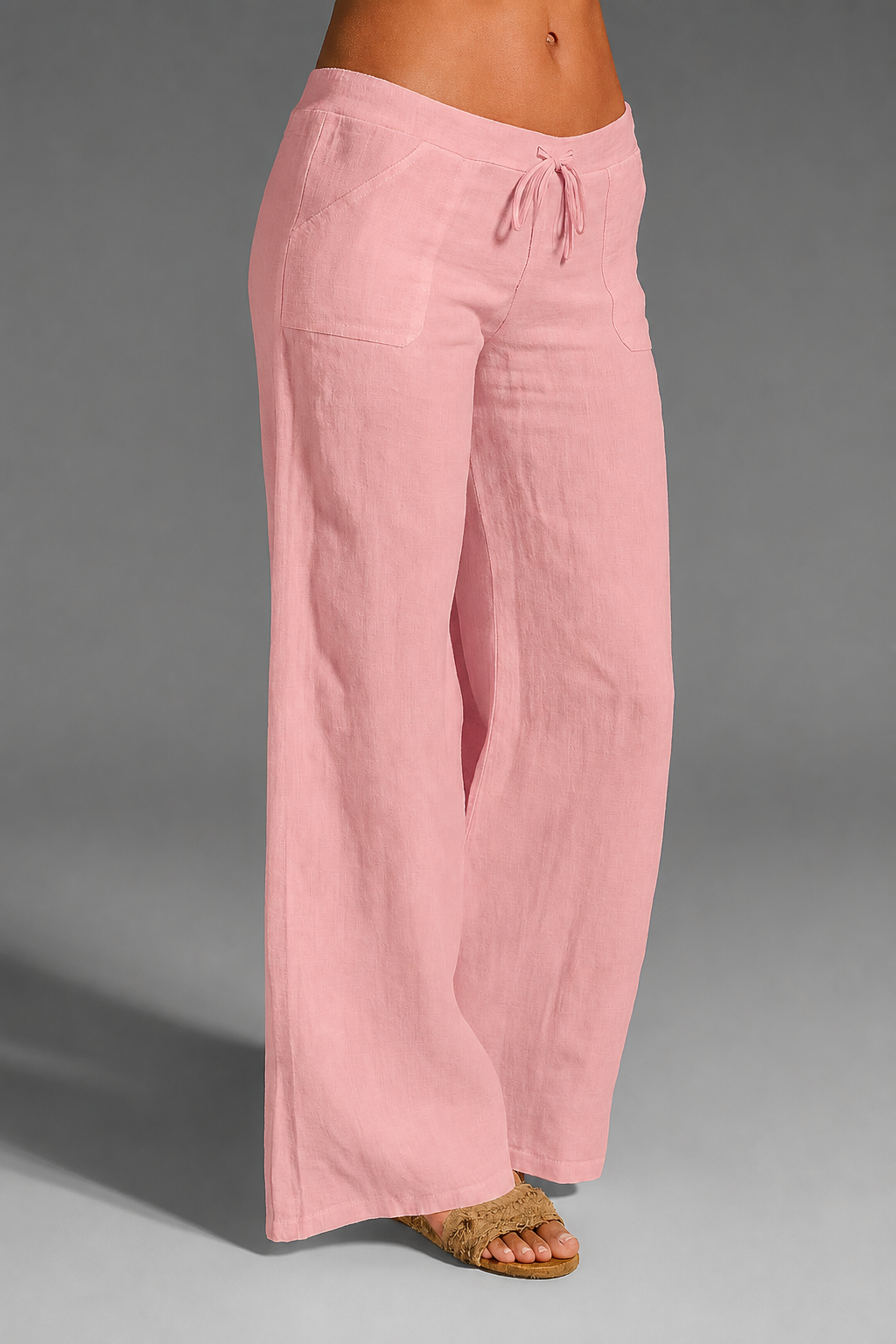 Women's Linen Wide-Leg Pants with Drawstring Tie