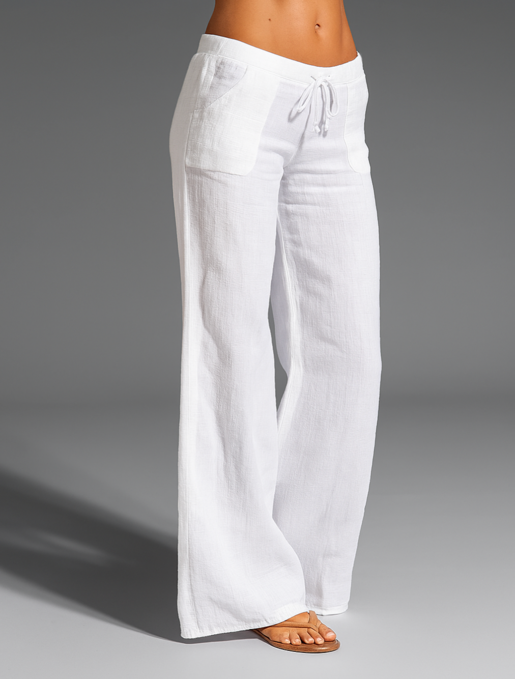 Women's Linen Wide-Leg Pants with Drawstring Tie