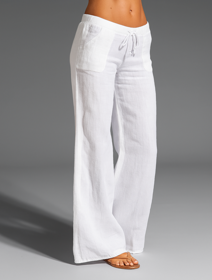 Women's Linen Wide-Leg Pants with Drawstring Tie