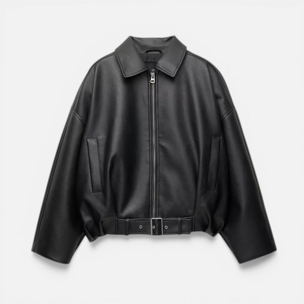 Women's Oversized Belted Bomber Jacket with Zip Front