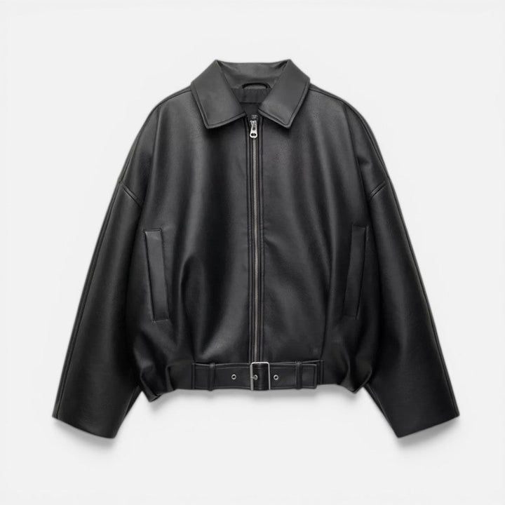 Women's Oversized Belted Bomber Jacket with Zip Front