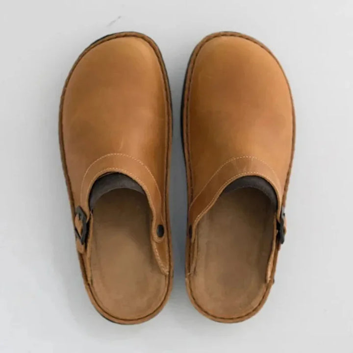 Men's Leather Slip-On Clogs with Buckle Strap