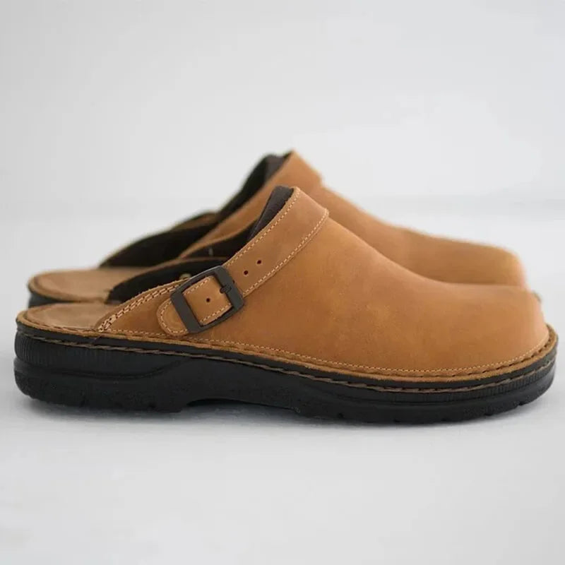 Men's Leather Slip-On Clogs with Buckle Strap