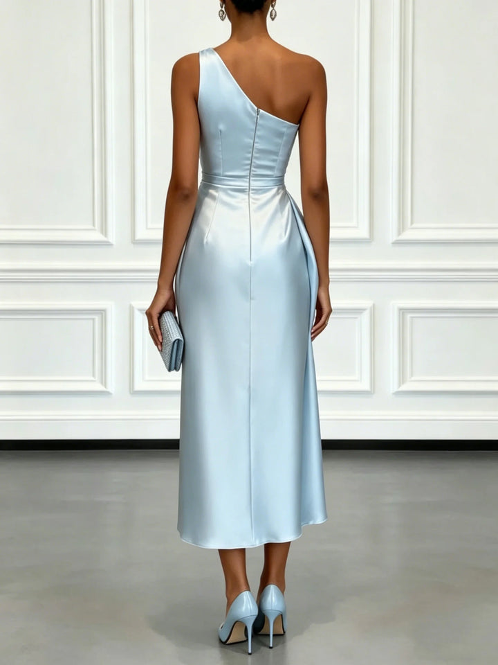 Women's Satin One-Shoulder Cocktail Dress with Draped Waist