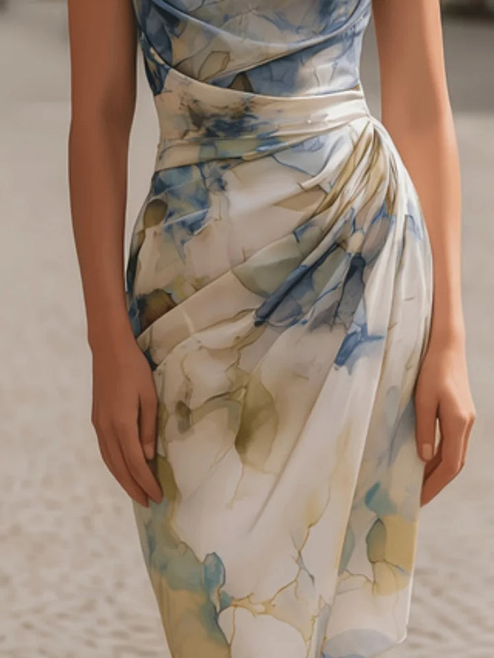 Women's Cowl Neck Ruched Midi Dress with Cap Sleeves