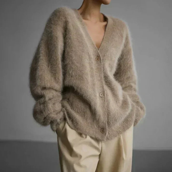 Women's Fluffy Longline V-Neck Cardigan with Drop Shoulders