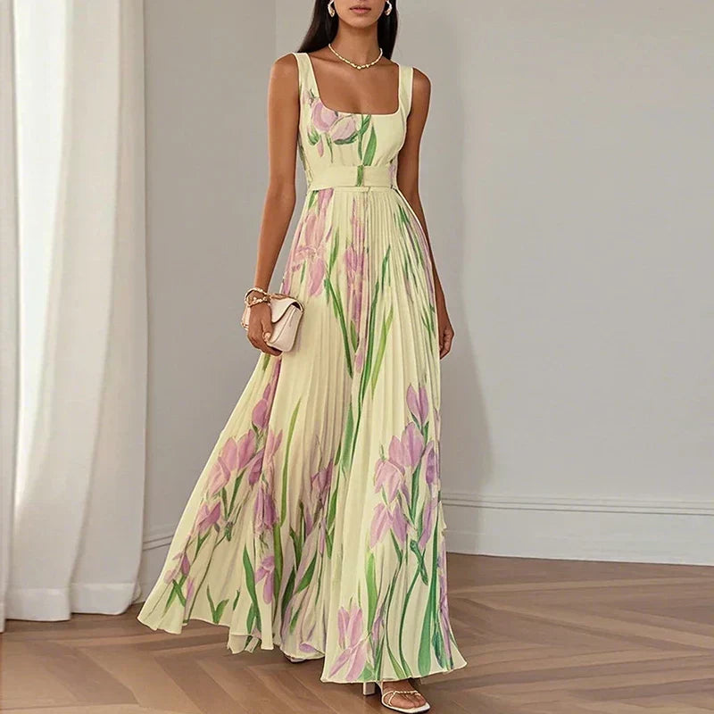 Women's Pleated Floral Maxi Dress with Square Neck