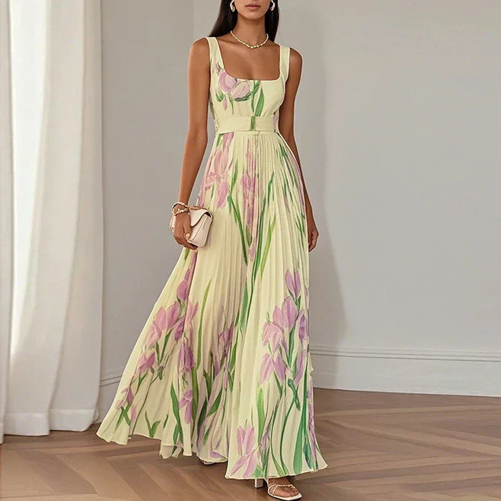 Women's Pleated Floral Maxi Dress with Square Neck