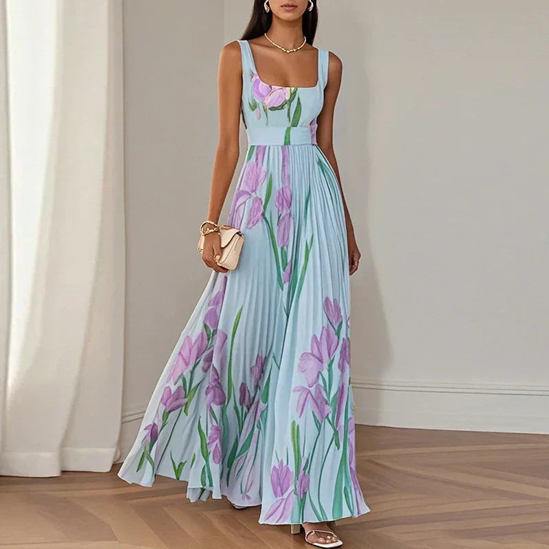 Women's Pleated Floral Maxi Dress with Square Neck