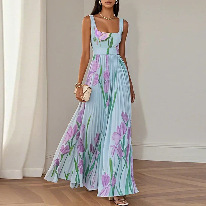 Women's Pleated Floral Maxi Dress with Square Neck