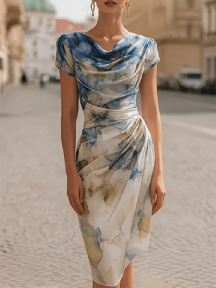 Women's Cowl Neck Ruched Midi Dress with Cap Sleeves