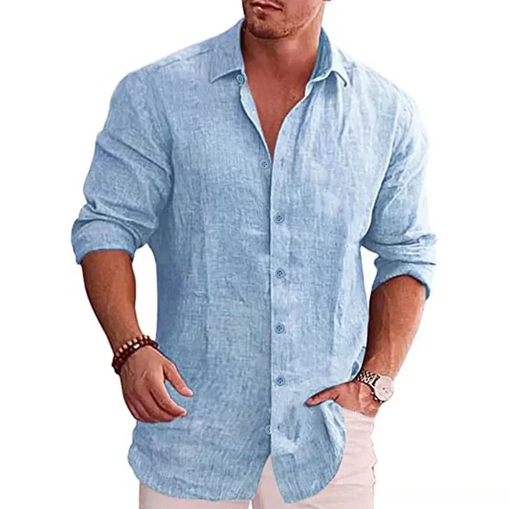 Men's Linen Button-Up Shirt with Chest Pocket