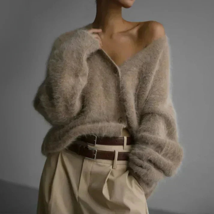 Women's Fluffy Longline V-Neck Cardigan with Drop Shoulders