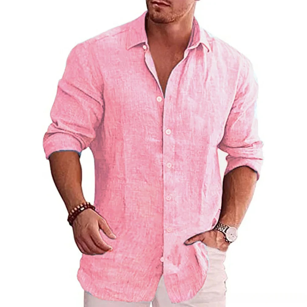 Men's Linen Button-Up Shirt with Chest Pocket