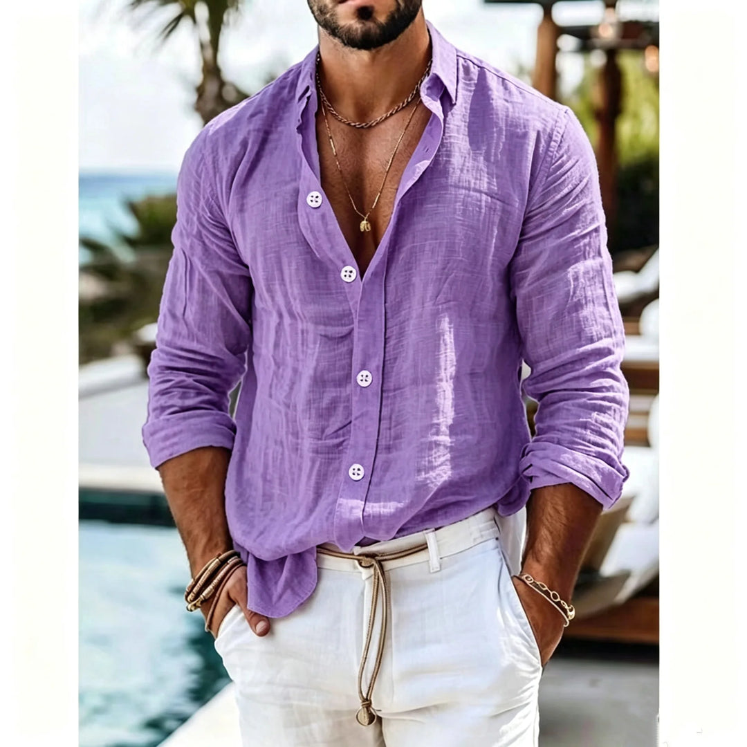 Men's Textured Linen Camp Collar Shirt