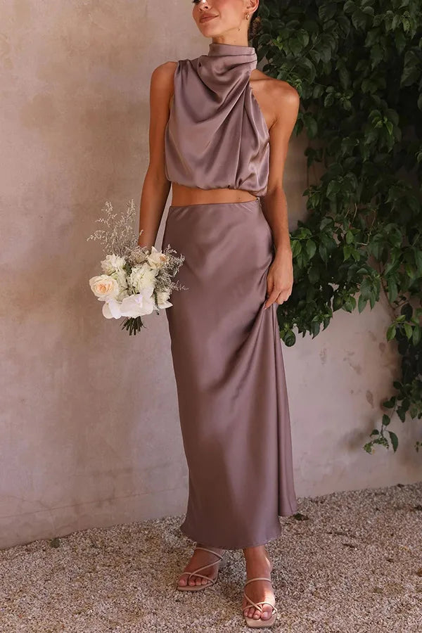 Sienna | Formal High Neck Satin Two Piece Maxi Dress