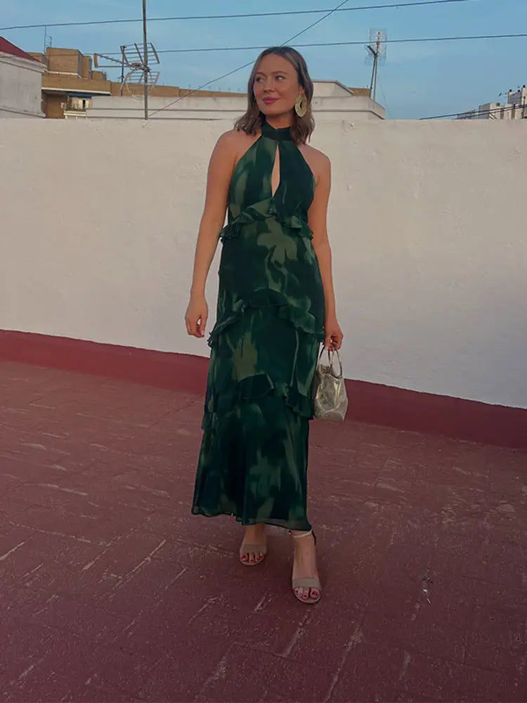 Women's Tiered Ruffle Maxi Dress with Keyhole Neckline