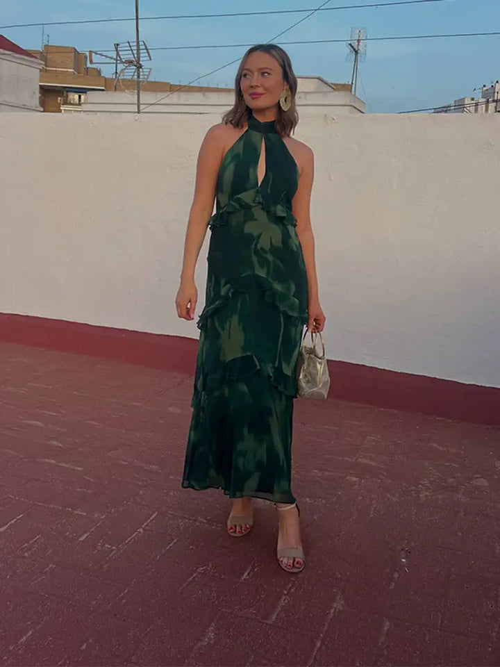 Women's Tiered Ruffle Maxi Dress with Keyhole Neckline