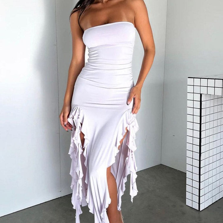 Chloe | Strapless Ruched Ruffle Maxi Dress