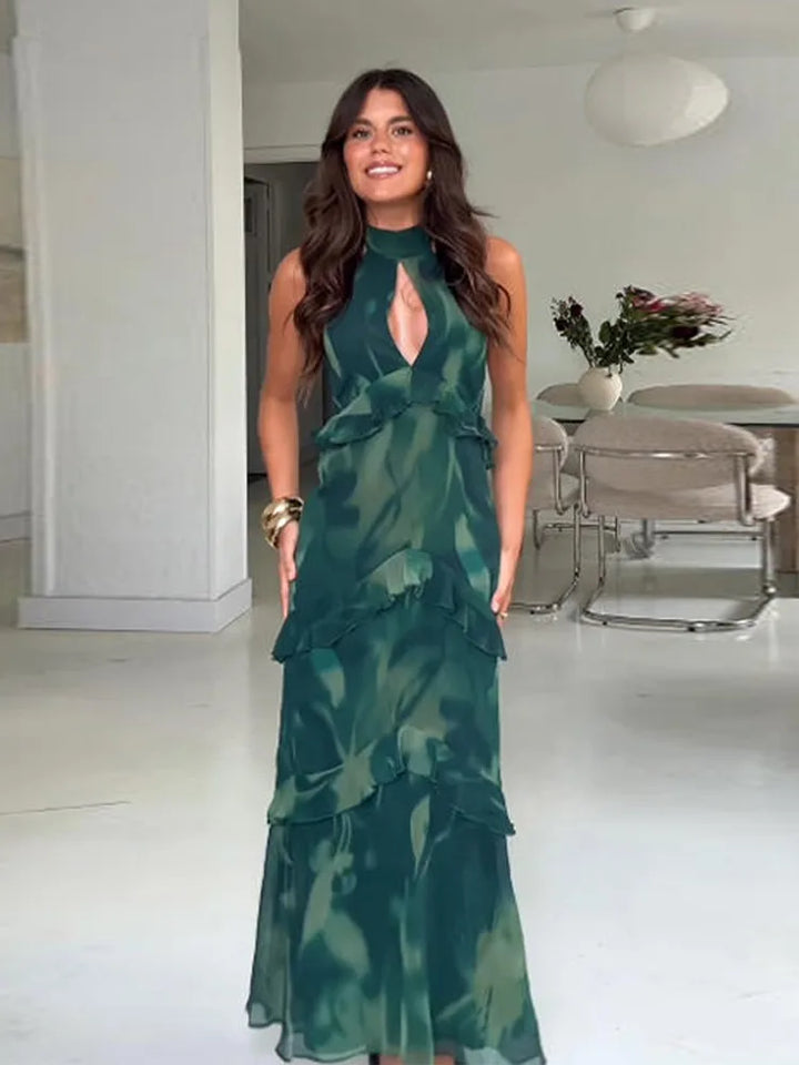 Women's Tiered Ruffle Maxi Dress with Keyhole Neckline