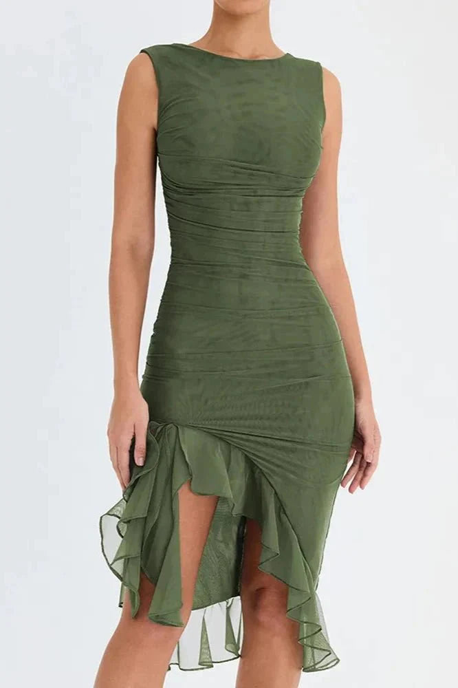 Asymmetric Ruffle Hem Bodocon Midi Dress