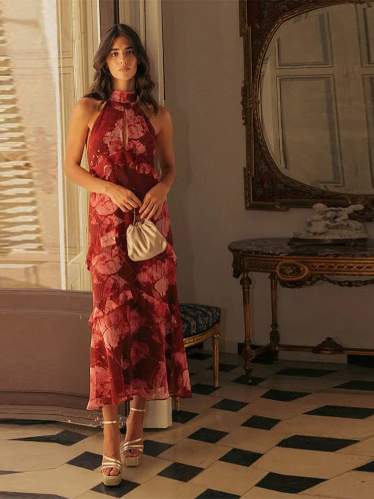 Women's Tiered Ruffle Maxi Dress with Keyhole Neckline