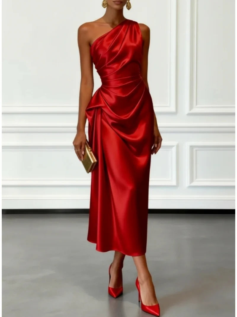 Women's Satin One-Shoulder Cocktail Dress with Draped Waist