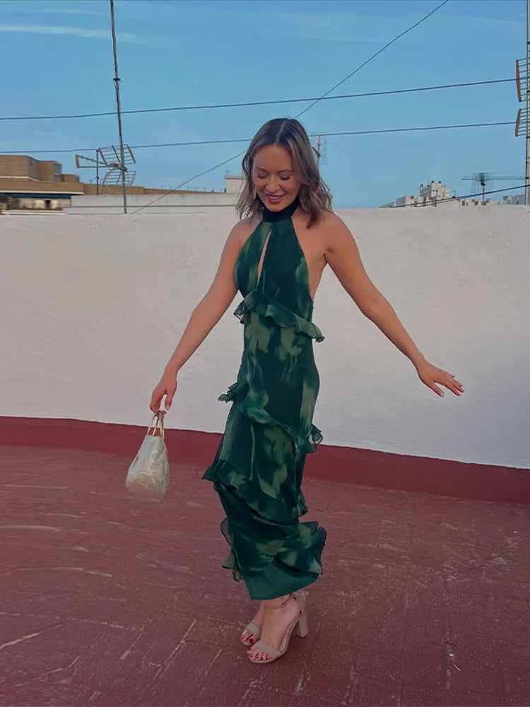 Women's Tiered Ruffle Maxi Dress with Keyhole Neckline