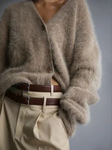 Women's Fluffy Longline V-Neck Cardigan with Drop Shoulders