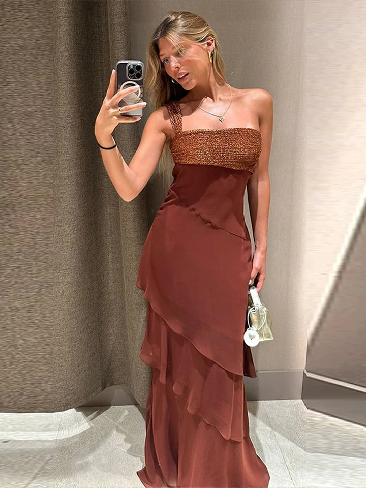 Women's Asymmetric Ruffle Maxi Dress with Textured Bodice
