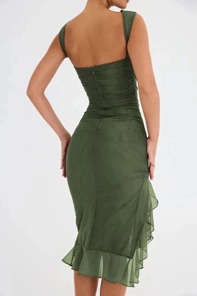 Asymmetric Ruffle Hem Bodocon Midi Dress