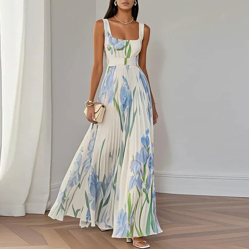 Women's Pleated Floral Maxi Dress with Square Neck