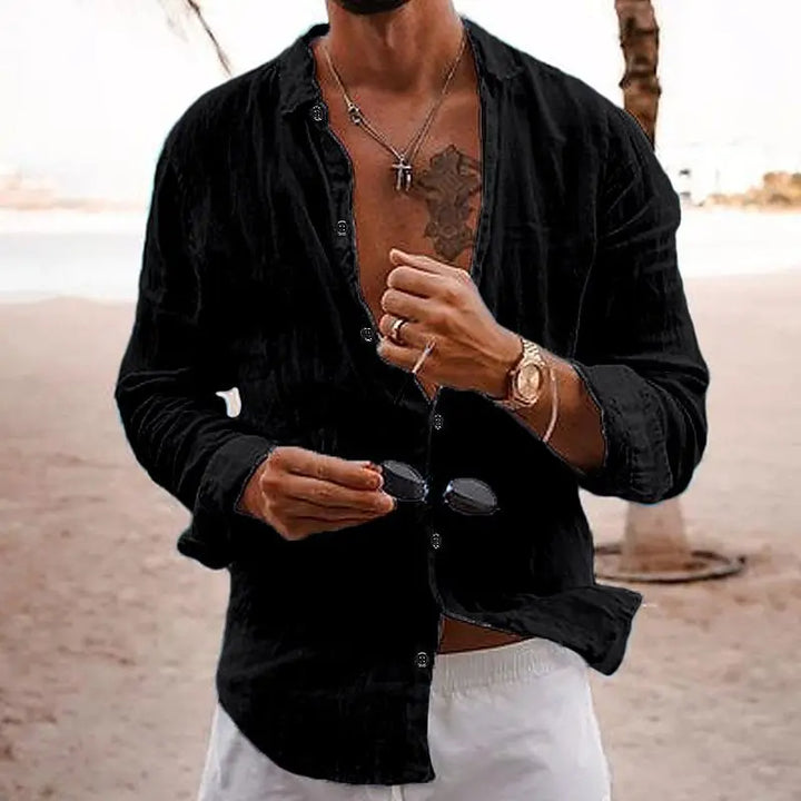 Men's Textured Linen Camp Collar Shirt