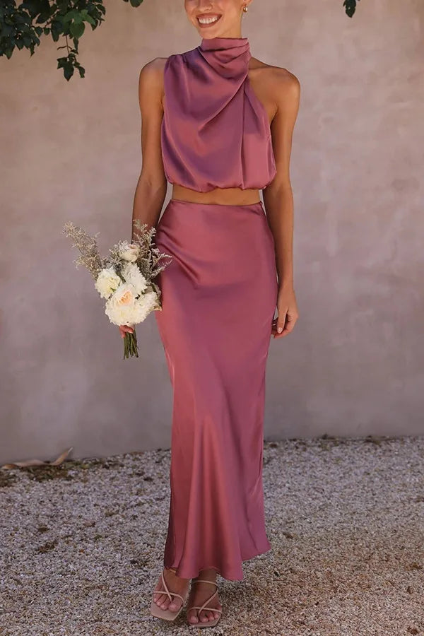 Sienna | Formal High Neck Satin Two Piece Maxi Dress