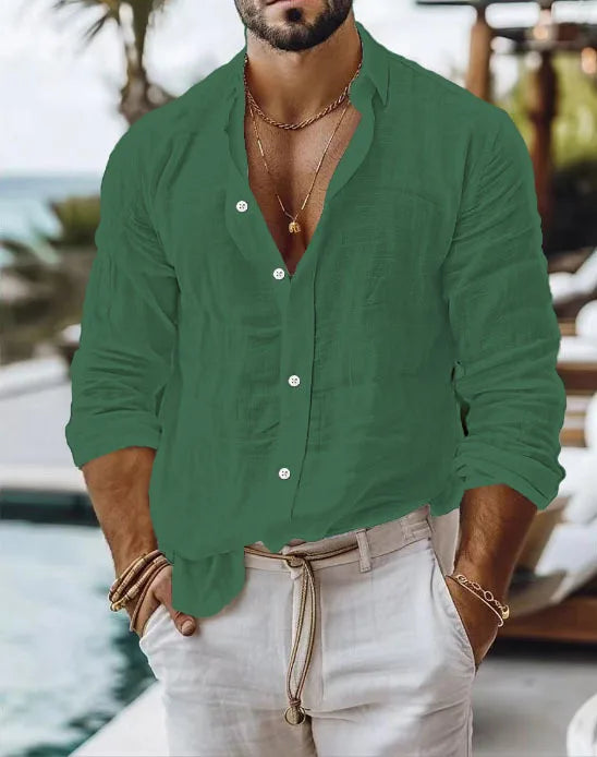 Men's Textured Linen Camp Collar Shirt