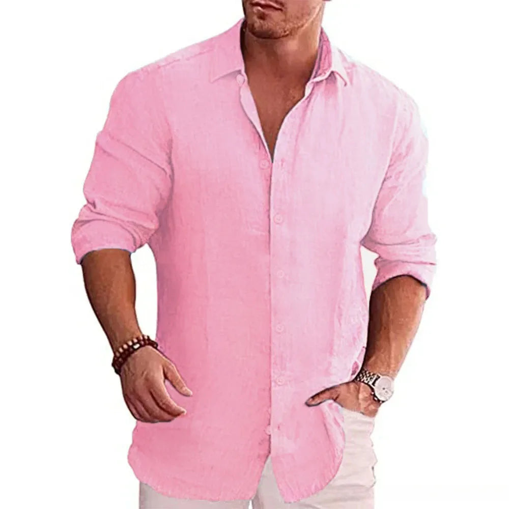 Men's Linen Button-Up Shirt with Chest Pocket