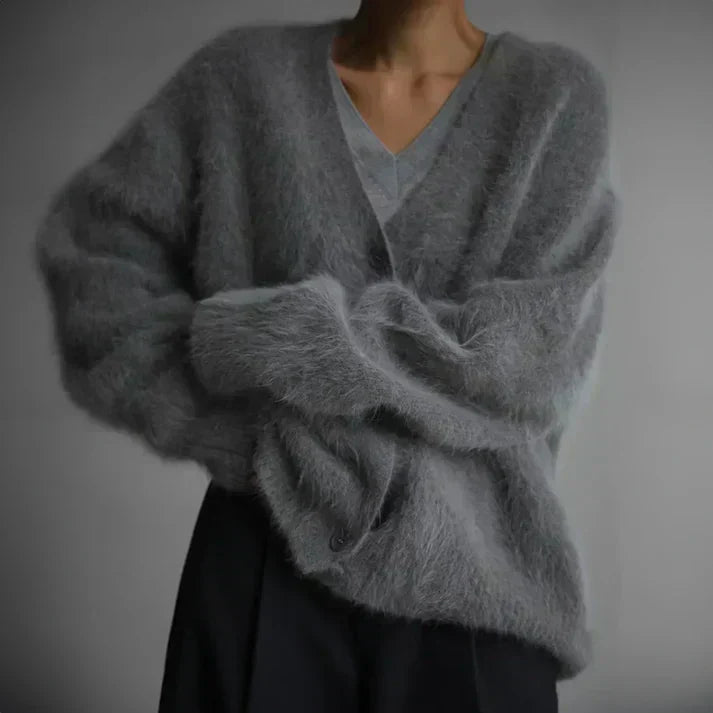 Women's Fluffy Longline V-Neck Cardigan with Drop Shoulders