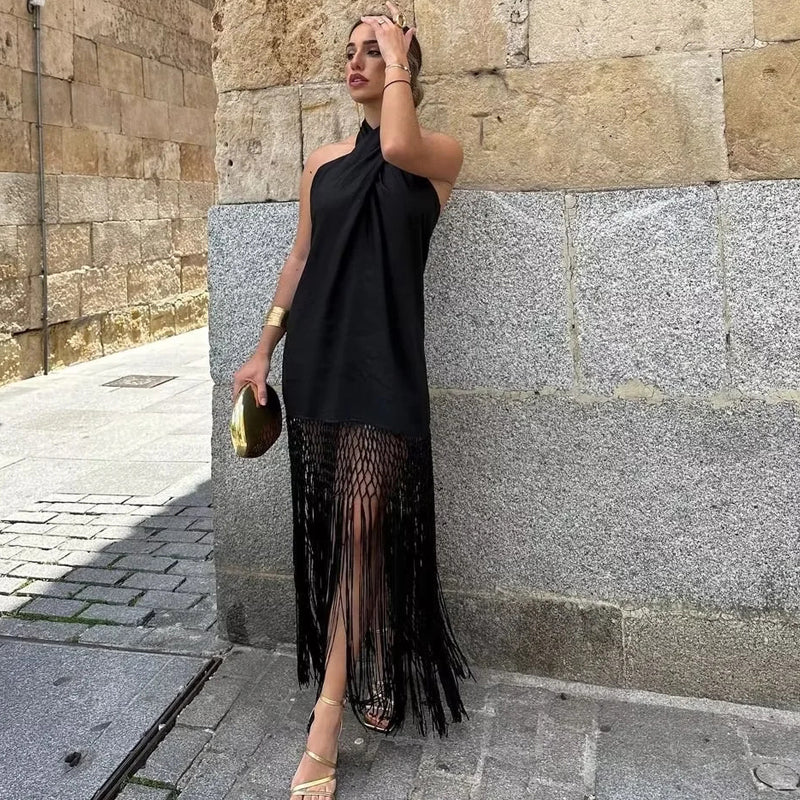Vivienne | Halter Neck Fringe Occasion Midi Dress