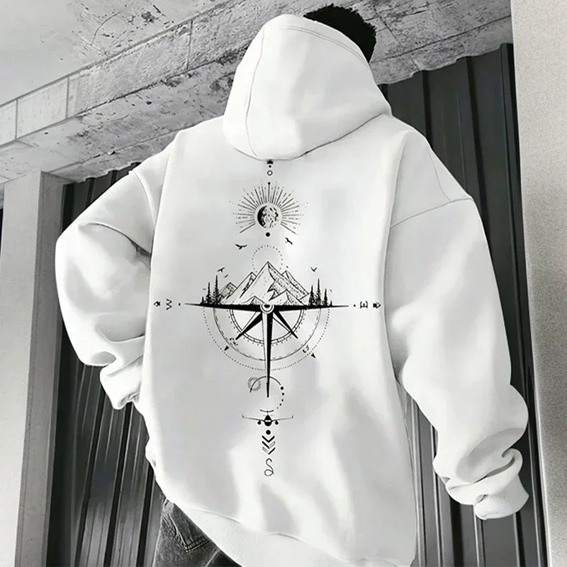 Men's Fleece Compass Graphic Print Pullover Hoodie