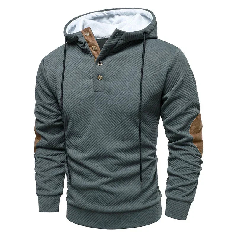 Men's Henley Hoodie with Suede Elbow Patches