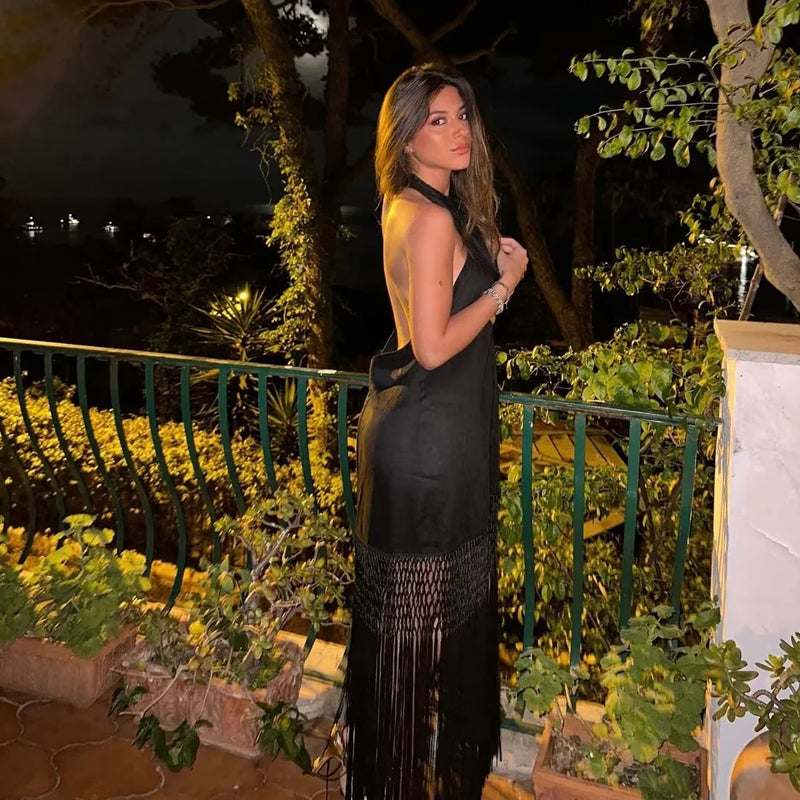 Vivienne | Halter Neck Fringe Occasion Midi Dress