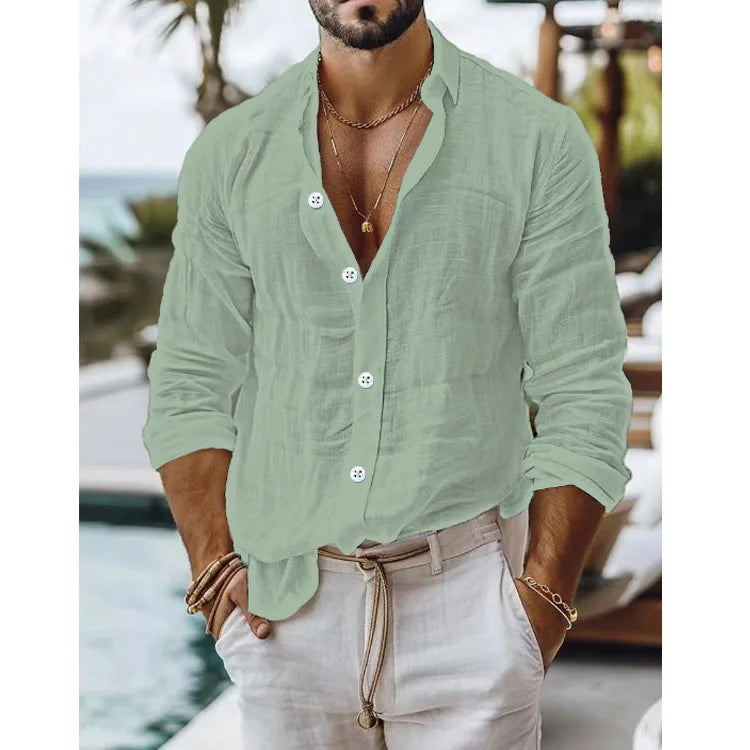 Men's Textured Linen Camp Collar Shirt